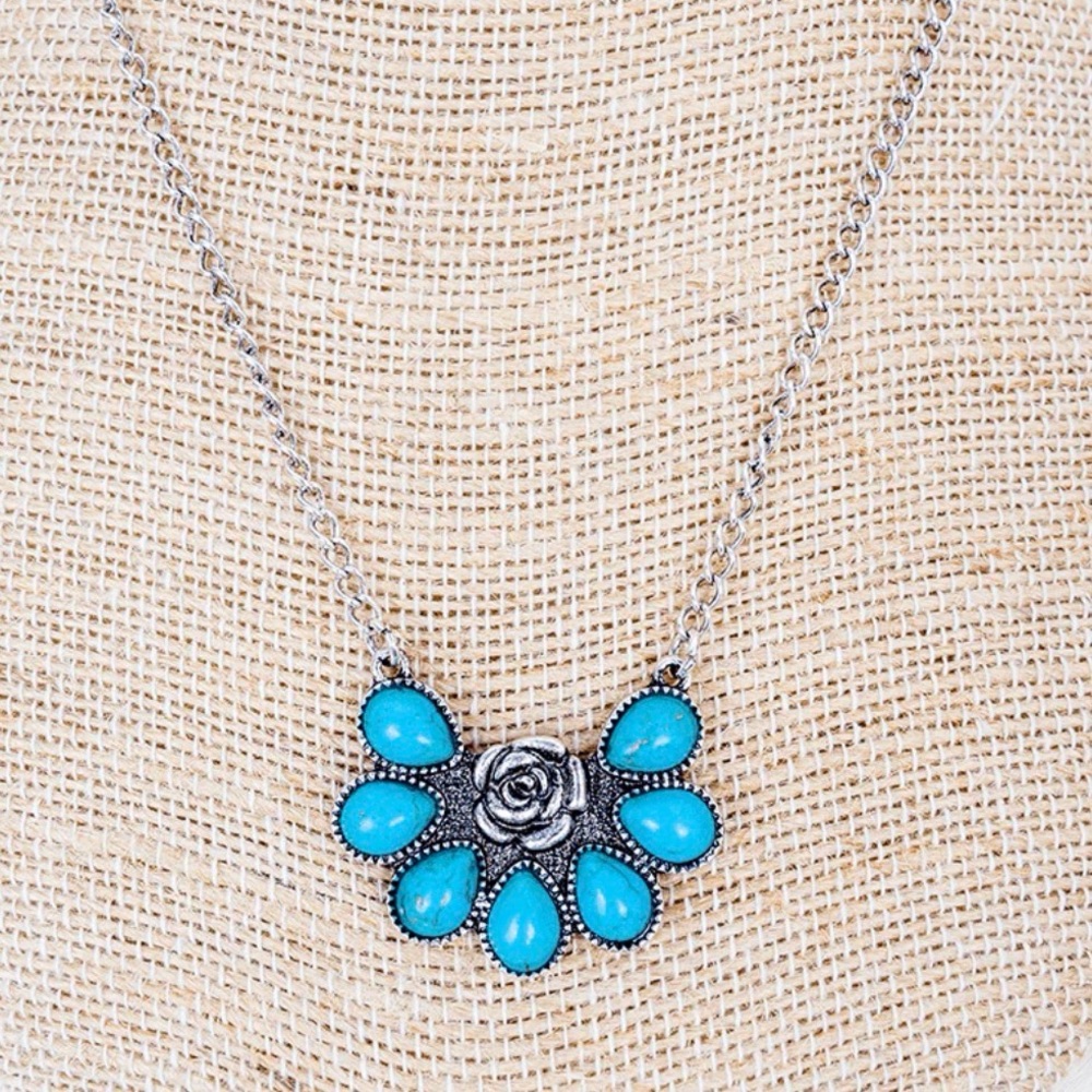 Turquoise Petal Silver Necklace
